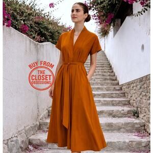 RARE ZARA Burnt Orange Cotton Midi Dress NWT